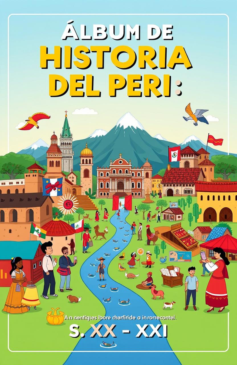 A vibrant and animated illustration representing the title 'ÁLBUM DE HISTORIA DEL PERÚ: S