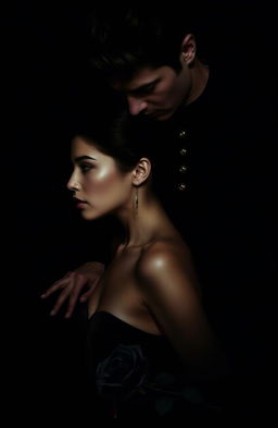 A dark and enigmatic image featuring Selena and Alex in an intense and close pose