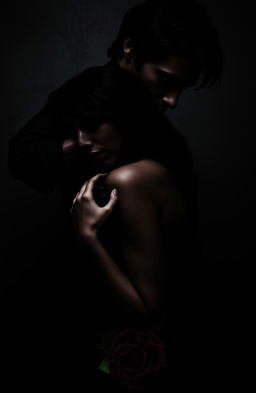 A dark and enigmatic image featuring Selena and Alex in an intense and close pose