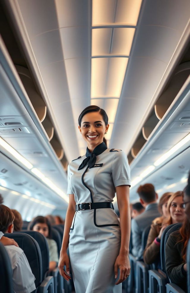 A flight attendant in a chic uniform stands confidently in an airplane aisle, surrounded by passengers enjoying their journey