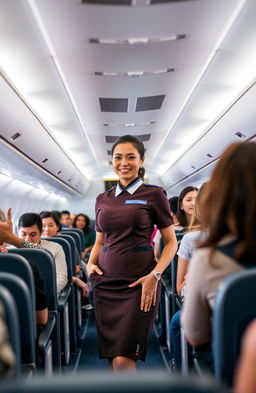 A flight attendant in a chic uniform stands confidently in an airplane aisle, surrounded by passengers enjoying their journey