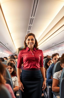A flight attendant in a chic uniform stands confidently in an airplane aisle, surrounded by passengers enjoying their journey