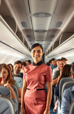 A flight attendant in a chic uniform stands confidently in an airplane aisle, surrounded by passengers enjoying their journey