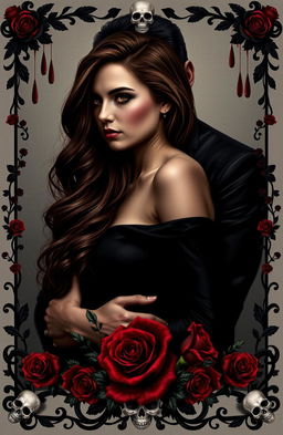 A dark and intense image featuring Selena with long, wavy brown hair, depicted in profile, showcasing an expression of alertness and vulnerability