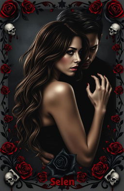A dark and intense image featuring Selena with long, wavy brown hair, depicted in profile, showcasing an expression of alertness and vulnerability