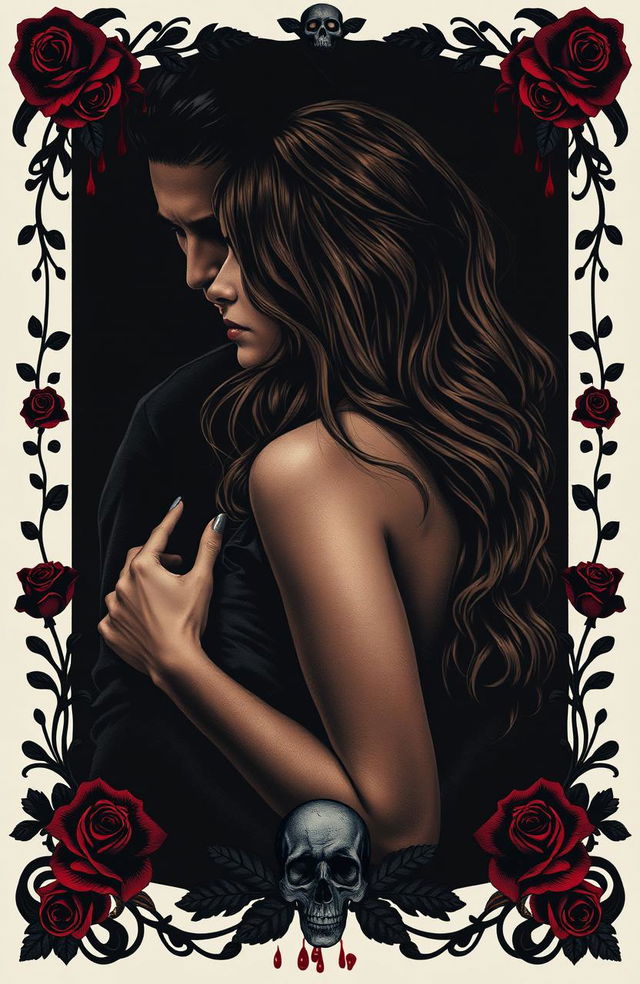 A dark and intense image featuring Selena with long, wavy brown hair, depicted in profile, showcasing an expression of alertness and vulnerability