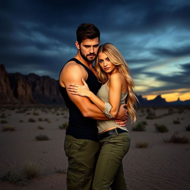 A badass couple embracing tenderly against a dark, desolate desert background