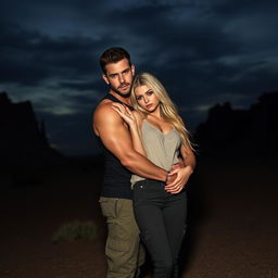 A badass couple embracing tenderly against a dark, desolate desert background