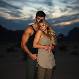 A badass couple embracing tenderly against a dark, desolate desert background