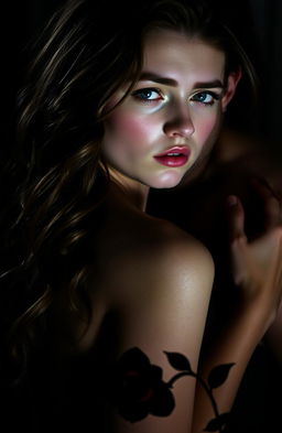 A dark romance scene featuring Selena, who has long, wavy brown hair, pale skin, and striking blue eyes, in a side profile with an expression of alertness and vulnerability