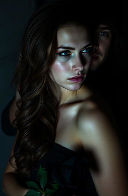 A dark romance scene featuring Selena, who has long, wavy brown hair, pale skin, and striking blue eyes, in a side profile with an expression of alertness and vulnerability