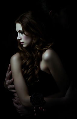 A dark and enigmatic image features Selena with long wavy brown hair and pale skin in a tense and close pose with Alex