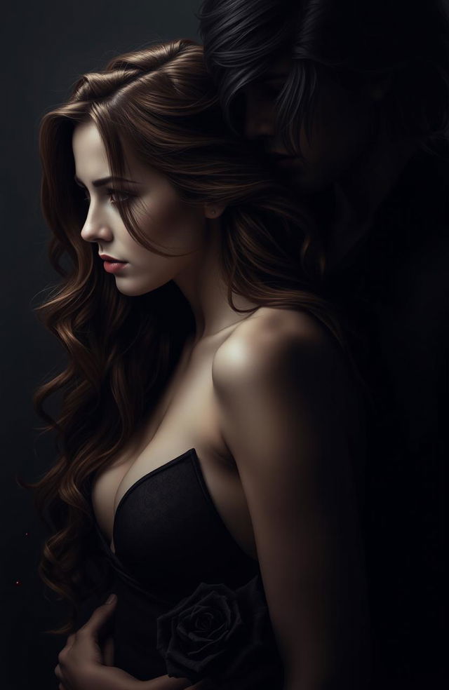 A dark and enigmatic image features Selena with long wavy brown hair and pale skin in a tense and close pose with Alex