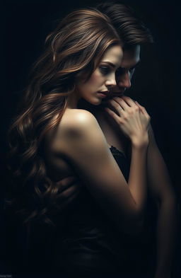 A dark and enigmatic image features Selena with long wavy brown hair and pale skin in a tense and close pose with Alex