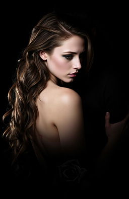 A dark and enigmatic image features Selena with long wavy brown hair and pale skin in a tense and close pose with Alex