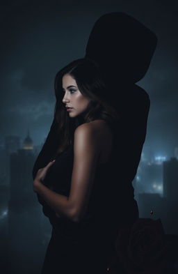 A dark and enigmatic image featuring Selena with long, wavy brown hair, showing an expression of alertness and vulnerability in profile