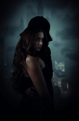A dark and enigmatic image featuring Selena with long, wavy brown hair, showing an expression of alertness and vulnerability in profile