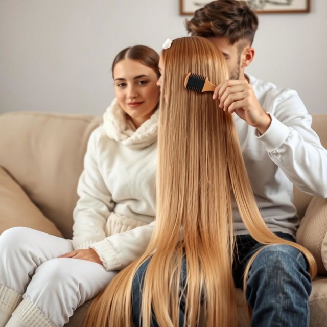 A teenage boy sitting on a couch with his mother, who has very long, smooth, and straight hair cascading down