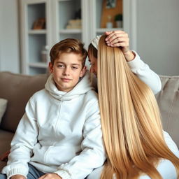A teenage boy sitting on a couch with his mother, who has very long, smooth, and straight hair cascading down