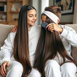 A teenage boy sitting on a couch with his mother, who has very long, smooth, and straight hair cascading down