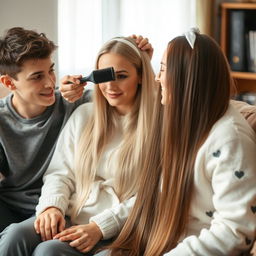 A teenage boy sitting on a couch with his mother, who has very long, smooth, and straight hair cascading down