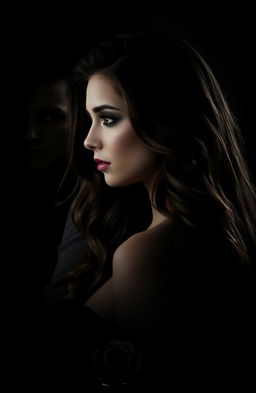 A dark and enigmatic image featuring Selena with long, wavy brown hair, in profile, displaying an expression of alertness and vulnerability