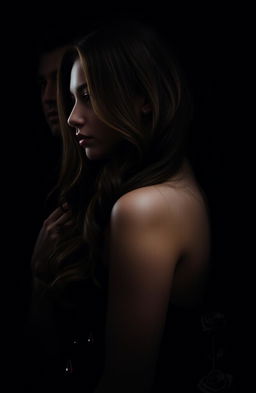 A dark and enigmatic image featuring Selena with long, wavy brown hair, in profile, displaying an expression of alertness and vulnerability