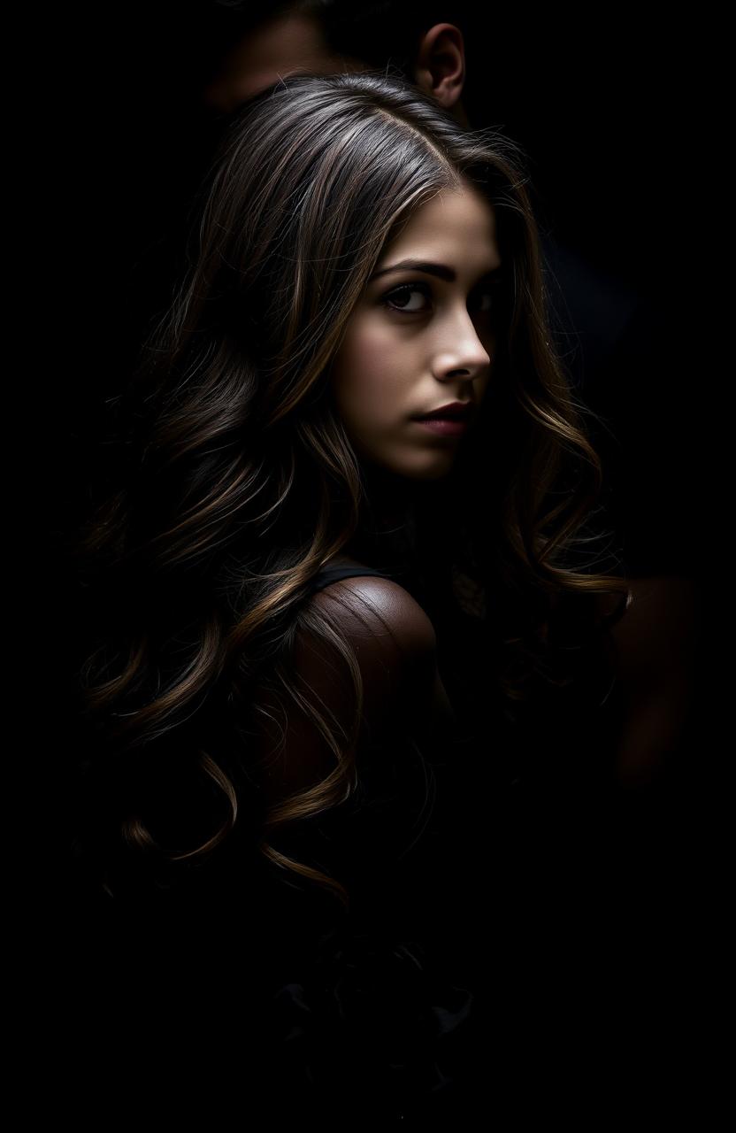 A dark and enigmatic image featuring Selena with long, wavy brown hair, in profile, displaying an expression of alertness and vulnerability