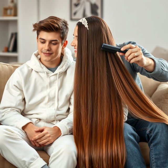 A teenage boy sitting on a couch with his mother, who has very long, smooth, and straight hair flowing down freely