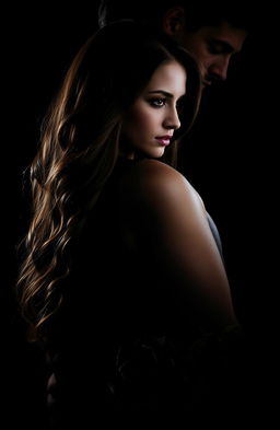 A dark and enigmatic image featuring Selena with long, wavy brown hair and Alex in an intense and close pose