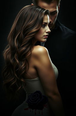 A dark and enigmatic image featuring Selena with long, wavy brown hair and Alex in an intense and close pose