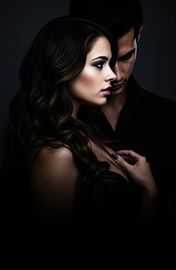 A dark and enigmatic image featuring Selena with long, wavy brown hair and Alex in an intense and close pose