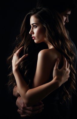 A dark and enigmatic image featuring Selena with long, wavy brown hair and Alex in an intense and close pose