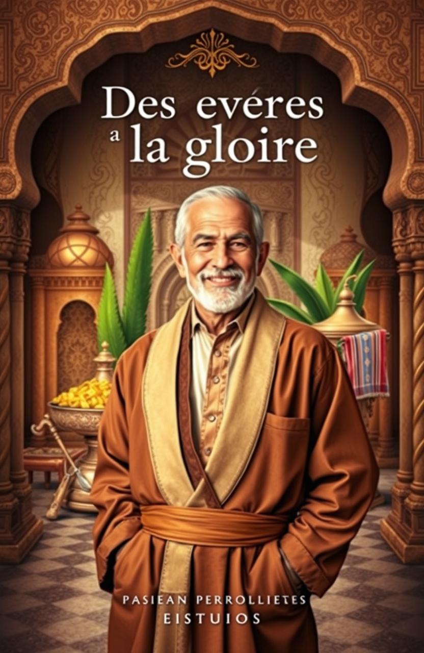 A richly textured book cover for 'Des épreuves à la gloire', depicting the life journey of a 60-year-old Moroccan man, illustrating his struggles and sacrifices that led to his current wealth and comfort