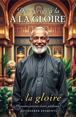 A richly textured book cover for 'Des épreuves à la gloire', depicting the life journey of a 60-year-old Moroccan man, illustrating his struggles and sacrifices that led to his current wealth and comfort
