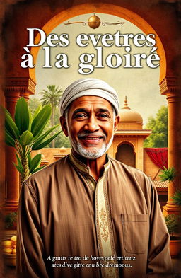 A richly textured book cover for 'Des épreuves à la gloire', depicting the life journey of a 60-year-old Moroccan man, illustrating his struggles and sacrifices that led to his current wealth and comfort