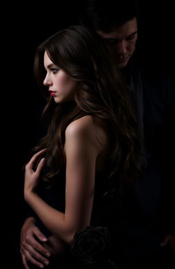 A dark and enigmatic image featuring Selena with long wavy brown hair, portrayed in profile with an expression of alertness and vulnerability