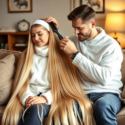 A teenage boy sitting on a couch with his mother, who has extremely long, soft, and straight hair that flows down freely