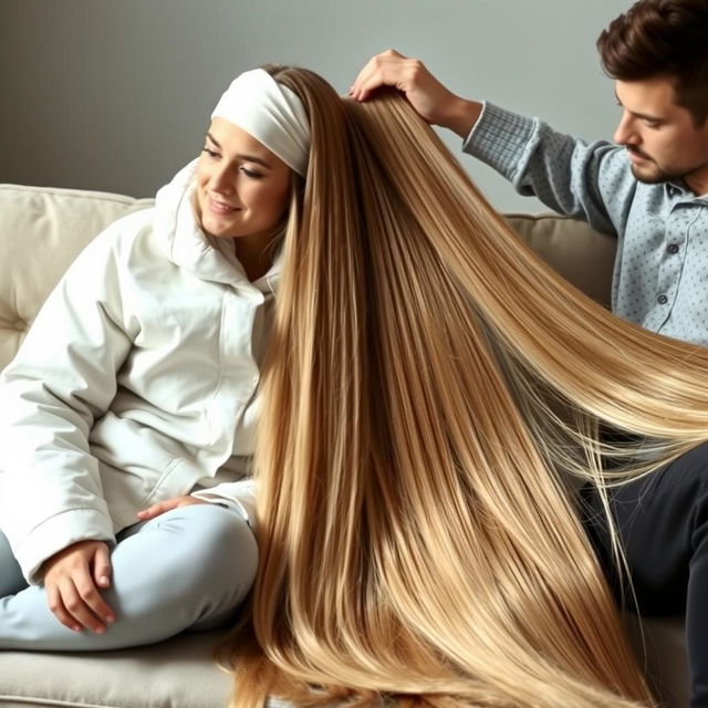 A teenage boy sitting on a couch with his mother, who has extremely long, soft, and straight hair that flows down freely