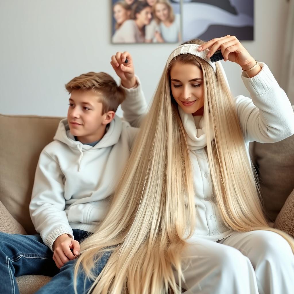 A teenage boy sitting on a couch with his mother, who has extremely long, soft, and straight hair that flows down freely