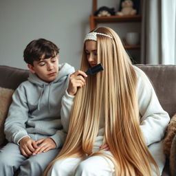 A teenage boy sitting on a couch with his mother, who has extremely long, soft, and straight hair that flows down freely