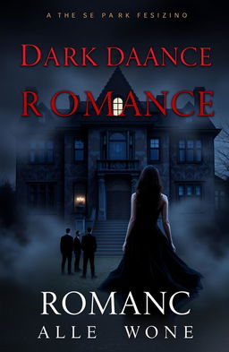 A dark romance book cover featuring an imposing old mansion, partially obscured by fog and shadows, with a single lit window hinting at dark secrets inside