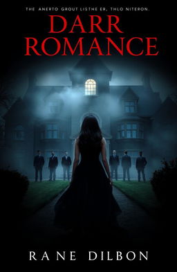 A dark romance book cover featuring an imposing old mansion, partially obscured by fog and shadows, with a single lit window hinting at dark secrets inside