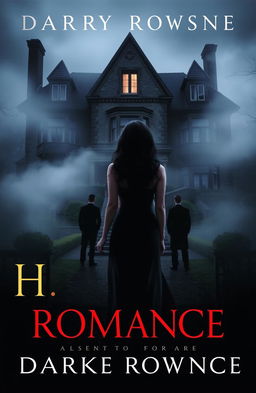A dark romance book cover featuring an imposing old mansion, partially obscured by fog and shadows, with a single lit window hinting at dark secrets inside