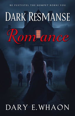 A dark romance book cover featuring an imposing old mansion, partially obscured by fog and shadows, with a single lit window hinting at dark secrets inside