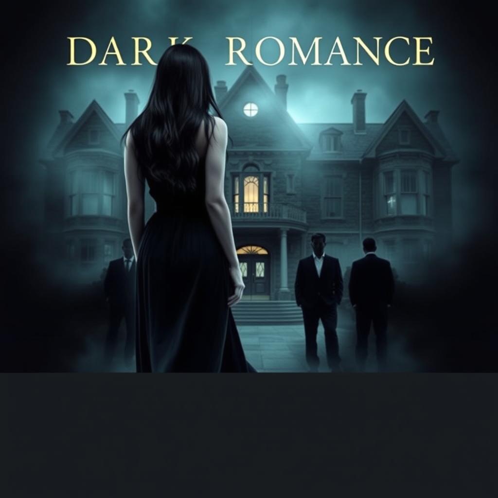 A dark romance book cover featuring a grand old mansion in the background, partially obscured by mist and shadows, with a single brightly lit window suggesting hidden dark secrets within