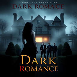 A dark romance book cover featuring a grand old mansion in the background, partially obscured by mist and shadows, with a single brightly lit window suggesting hidden dark secrets within