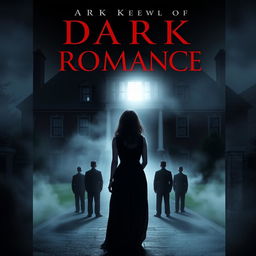 A dark romance book cover featuring a grand old mansion in the background, partially obscured by mist and shadows, with a single brightly lit window suggesting hidden dark secrets within