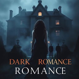 A dark romance book cover featuring a grand old mansion in the background, partially obscured by mist and shadows, with a single brightly lit window suggesting hidden dark secrets within