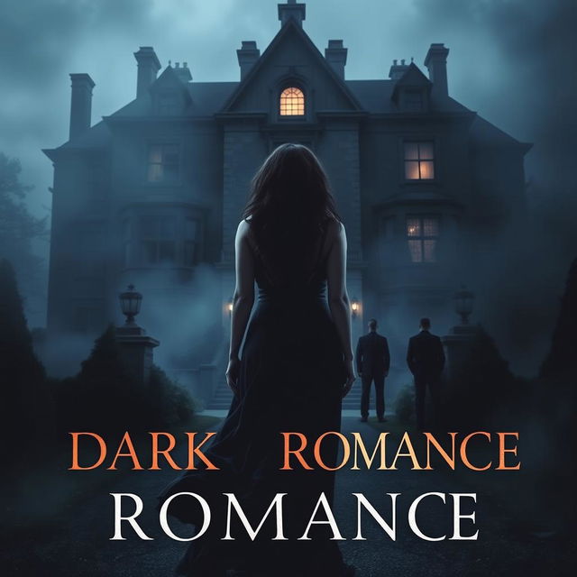 A dark romance book cover featuring a grand old mansion in the background, partially obscured by mist and shadows, with a single brightly lit window suggesting hidden dark secrets within